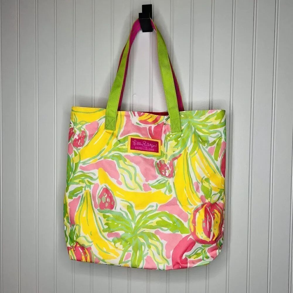 Lilly Pulitzer Estee Lauder Tropical Print Pink Green Yellow Tote Bag Colorful